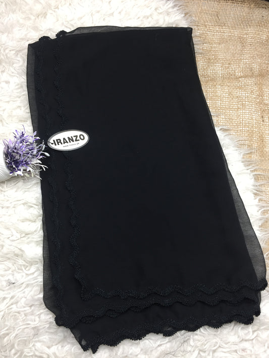 Four sided zigzag crochet black chiffon dupatta