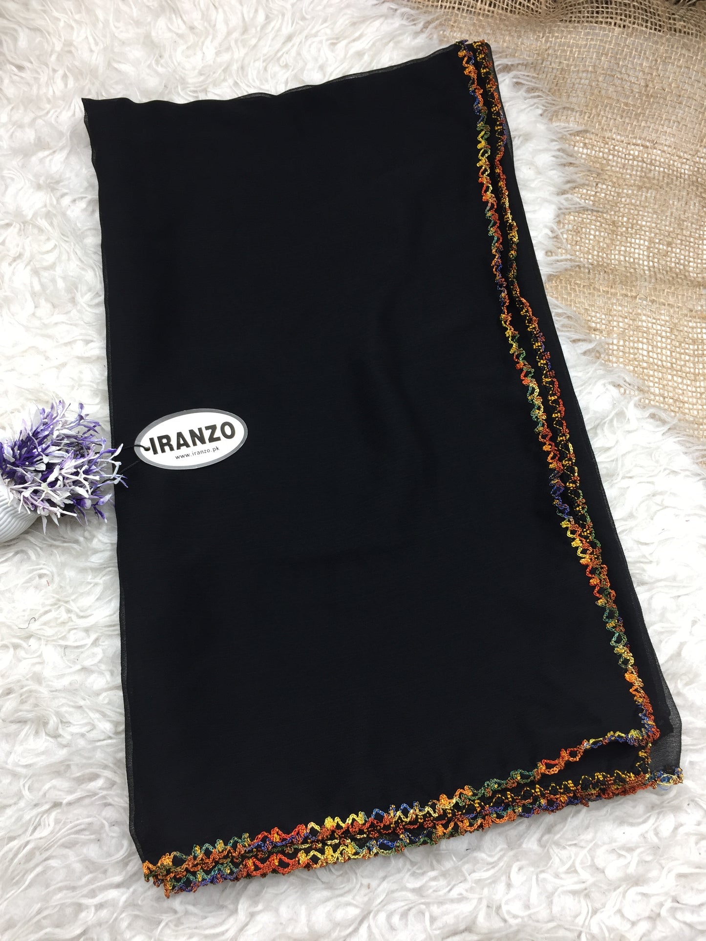 Four sided zigzag crochet black chiffon dupatta