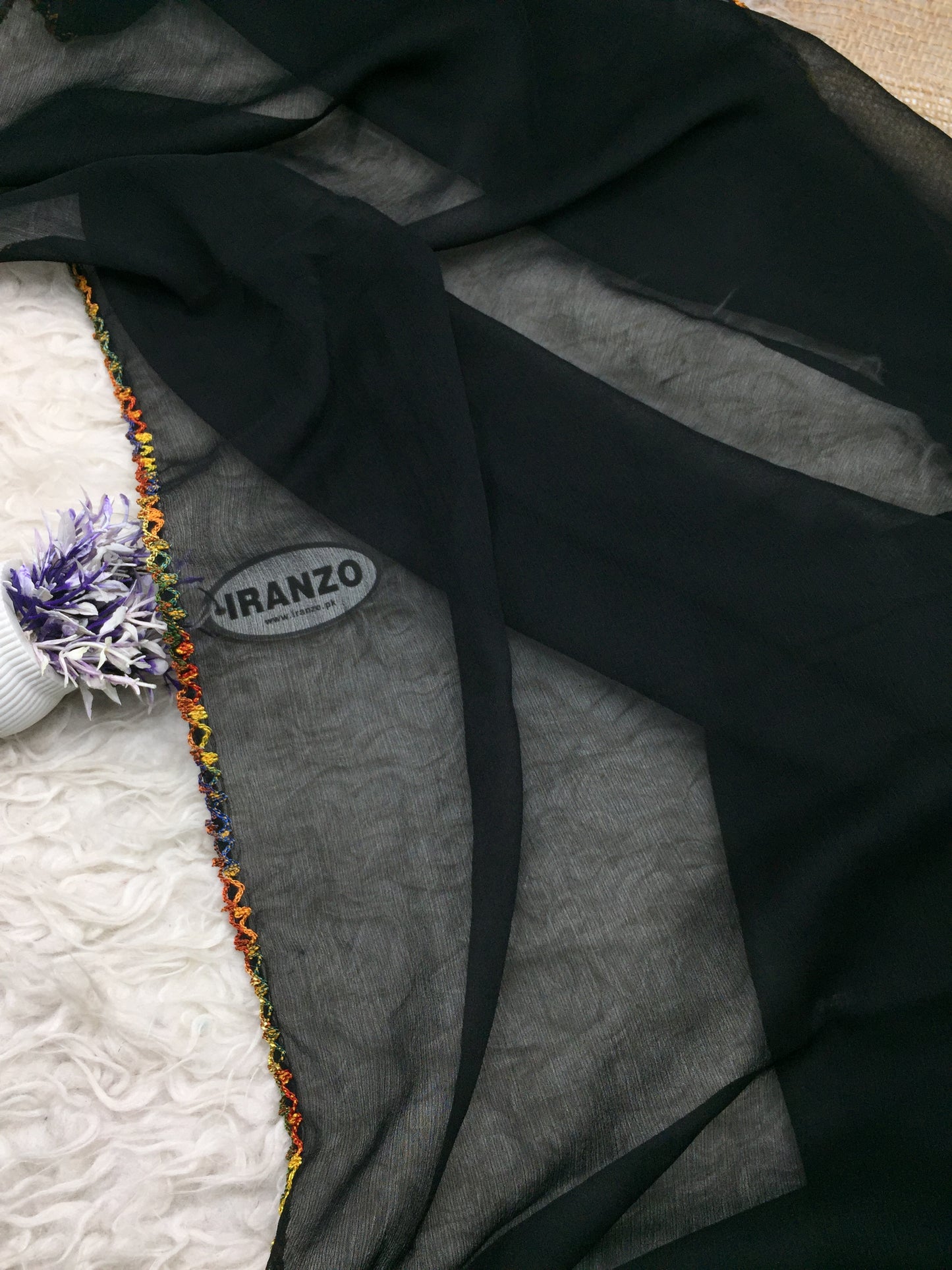 Four sided zigzag crochet black chiffon dupatta