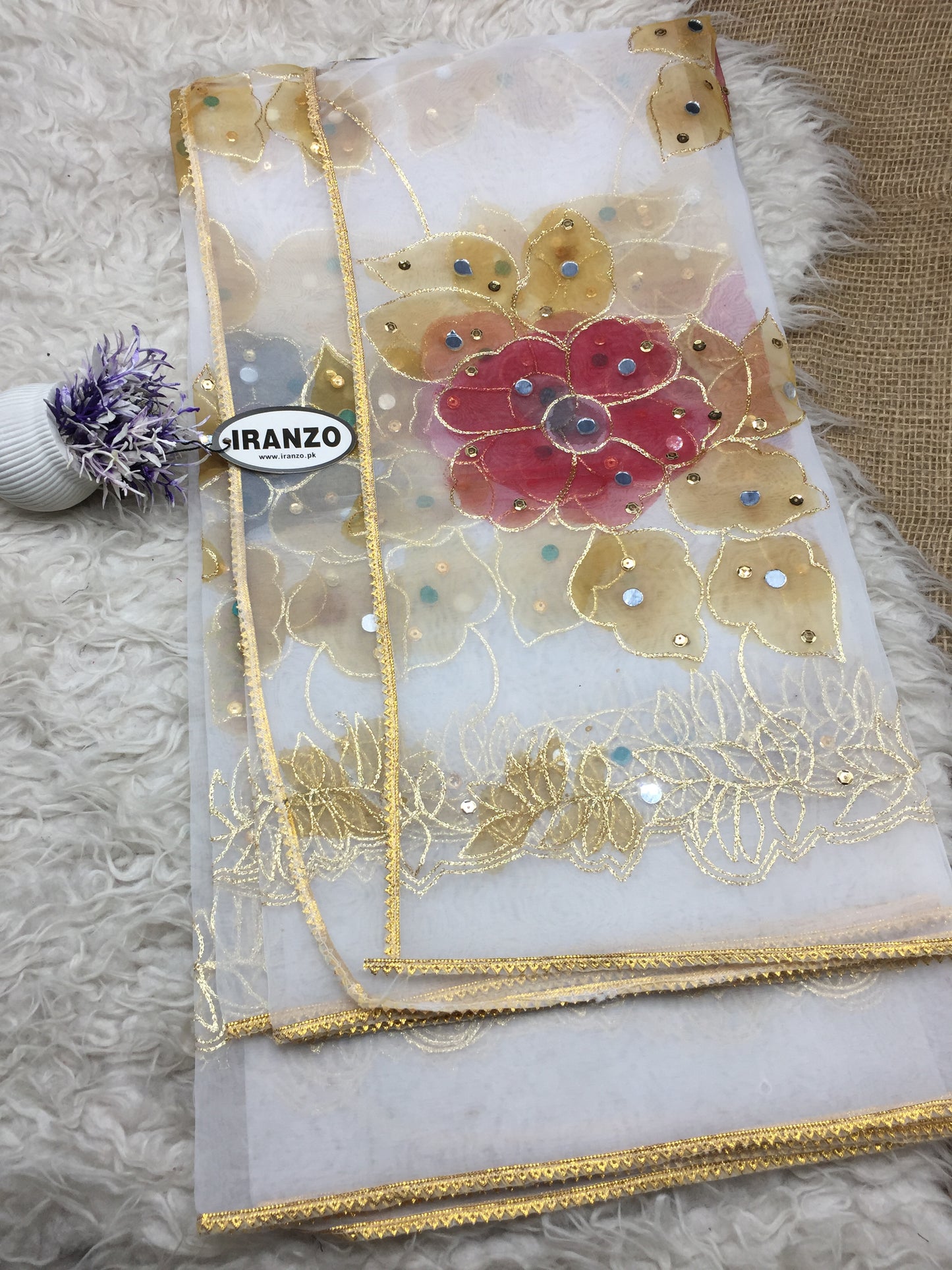 Hand Painted Organza Dupatta with Golden Lace