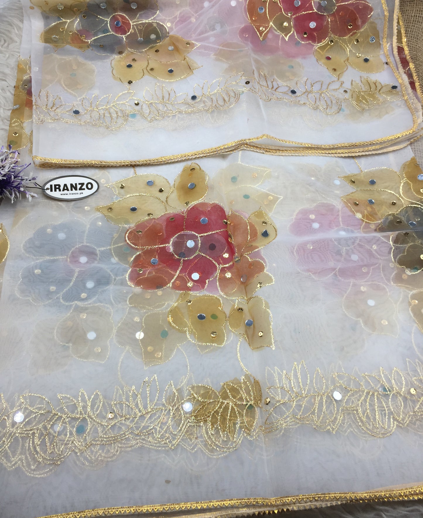 Hand Painted Organza Dupatta with Golden Lace