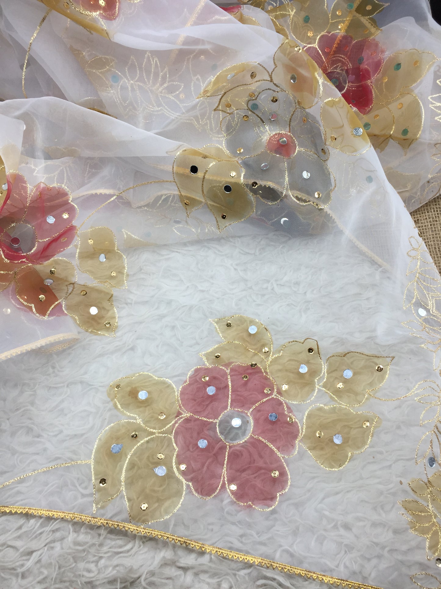 Hand Painted Organza Dupatta with Golden Lace