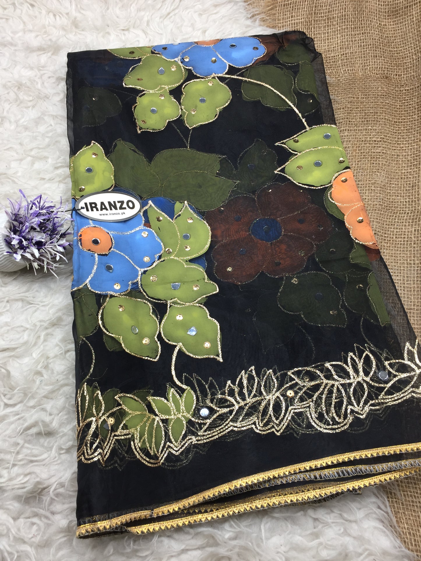 Hand Painted Organza Dupatta with Golden Lace