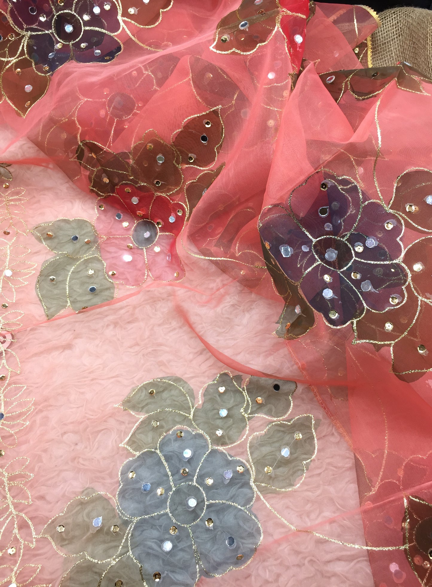 Hand Painted Organza Dupatta with Golden Lace