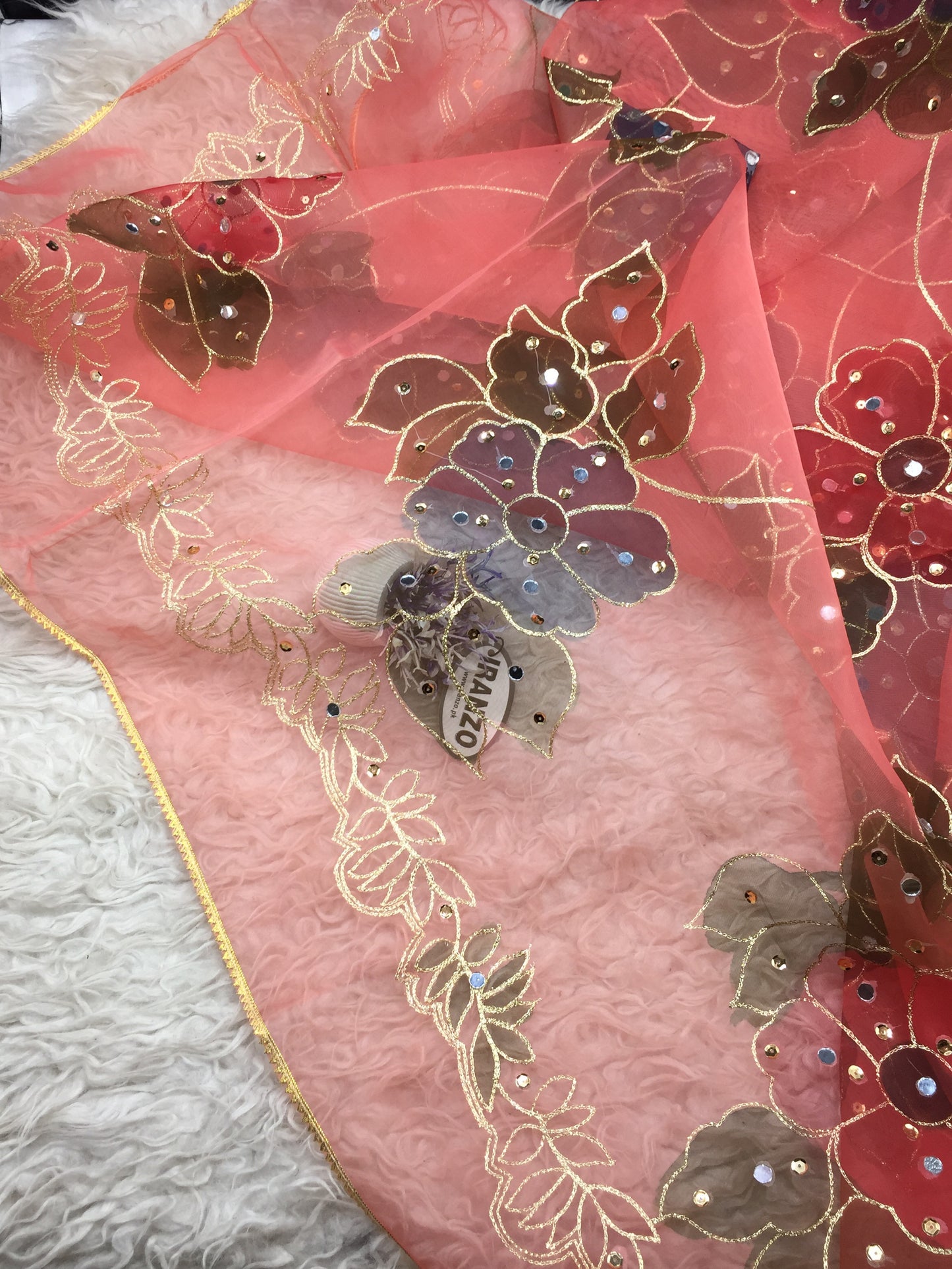 Hand Painted Organza Dupatta with Golden Lace