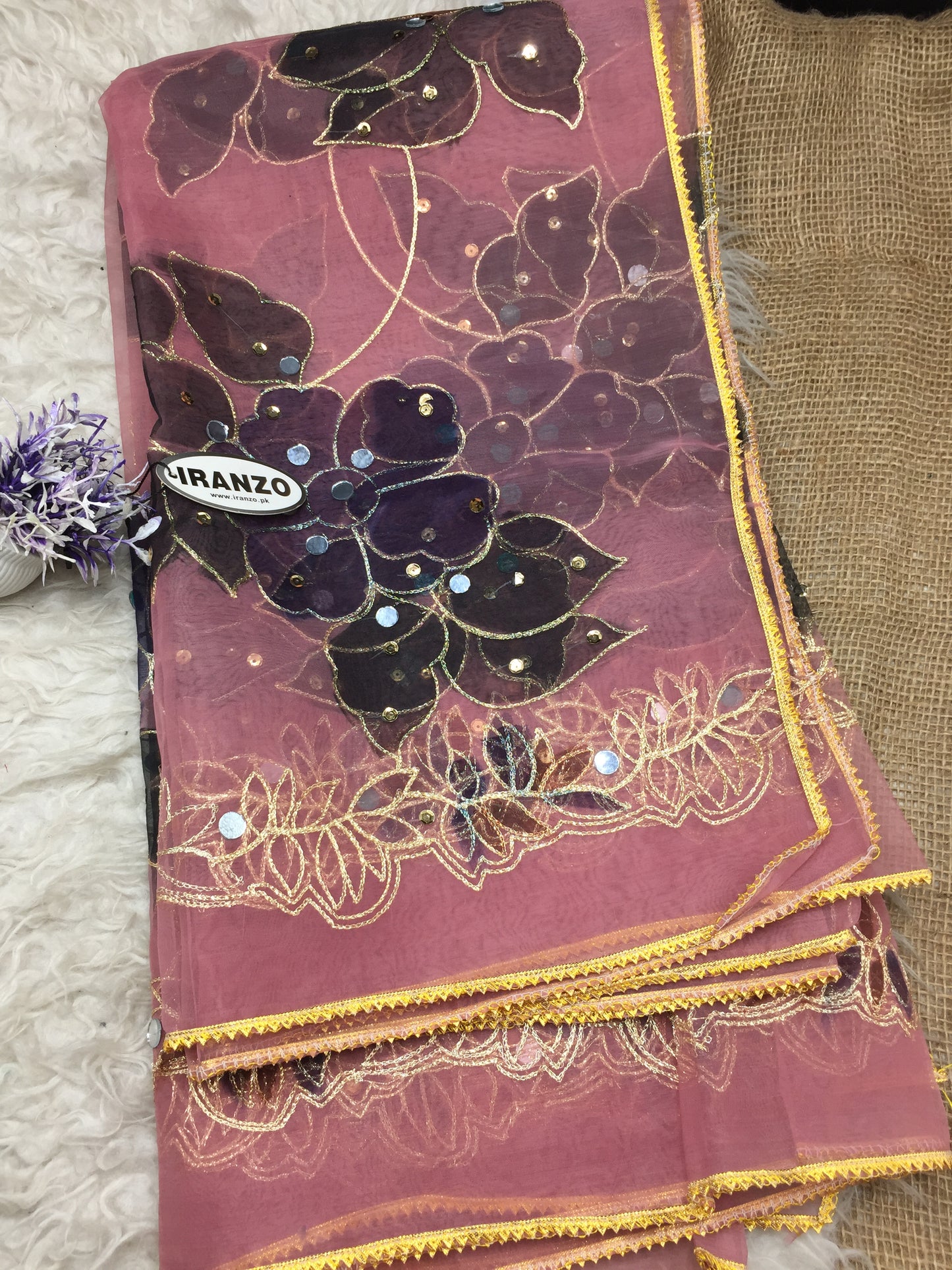Hand Painted Organza Dupatta with Golden Lace