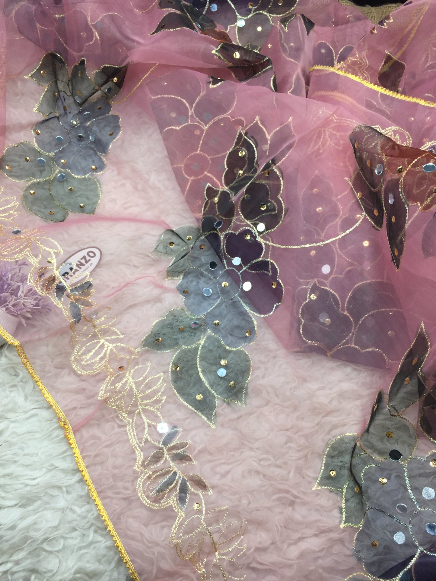 Hand Painted Organza Dupatta with Golden Lace