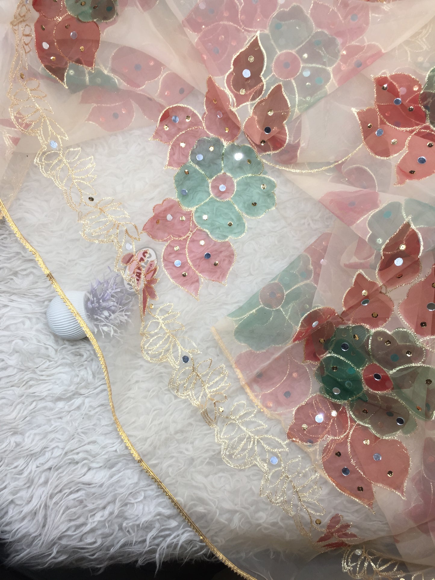 Hand Painted Organza Dupatta with Golden Lace