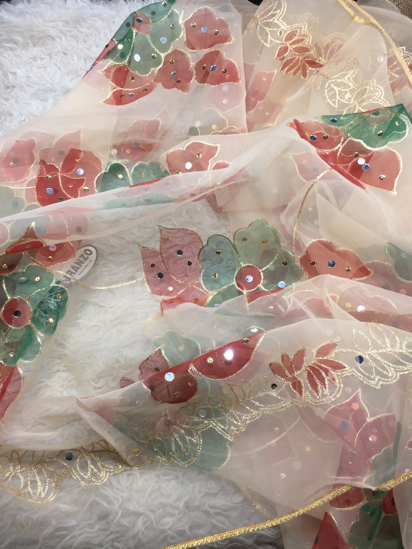 Hand Painted Organza Dupatta with Golden Lace