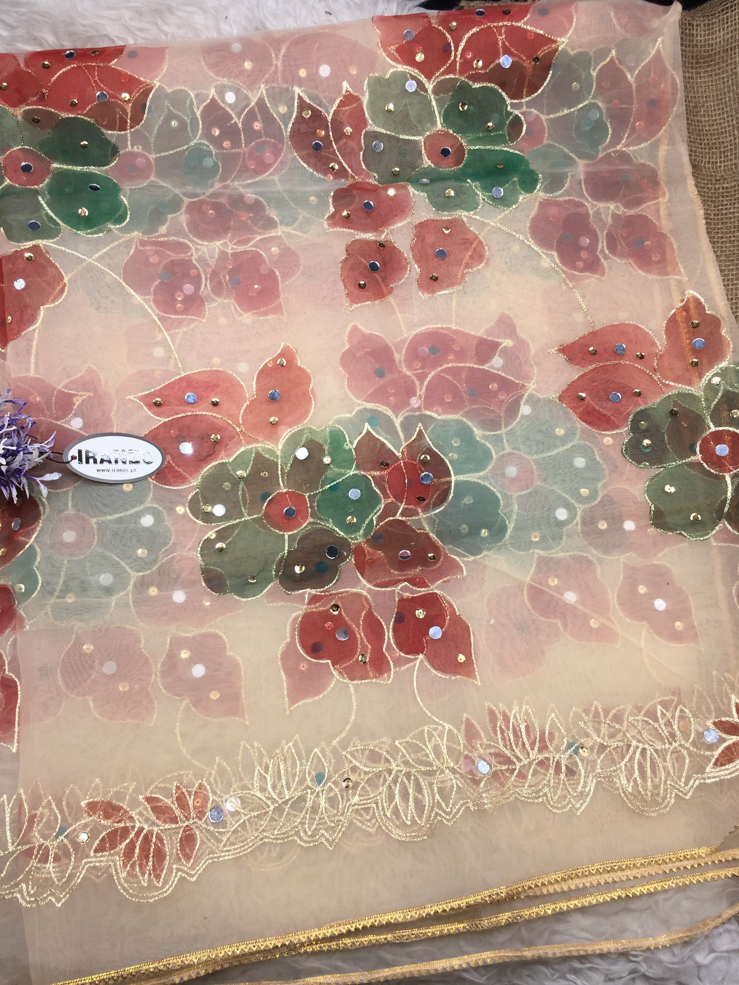 Hand Painted Organza Dupatta with Golden Lace