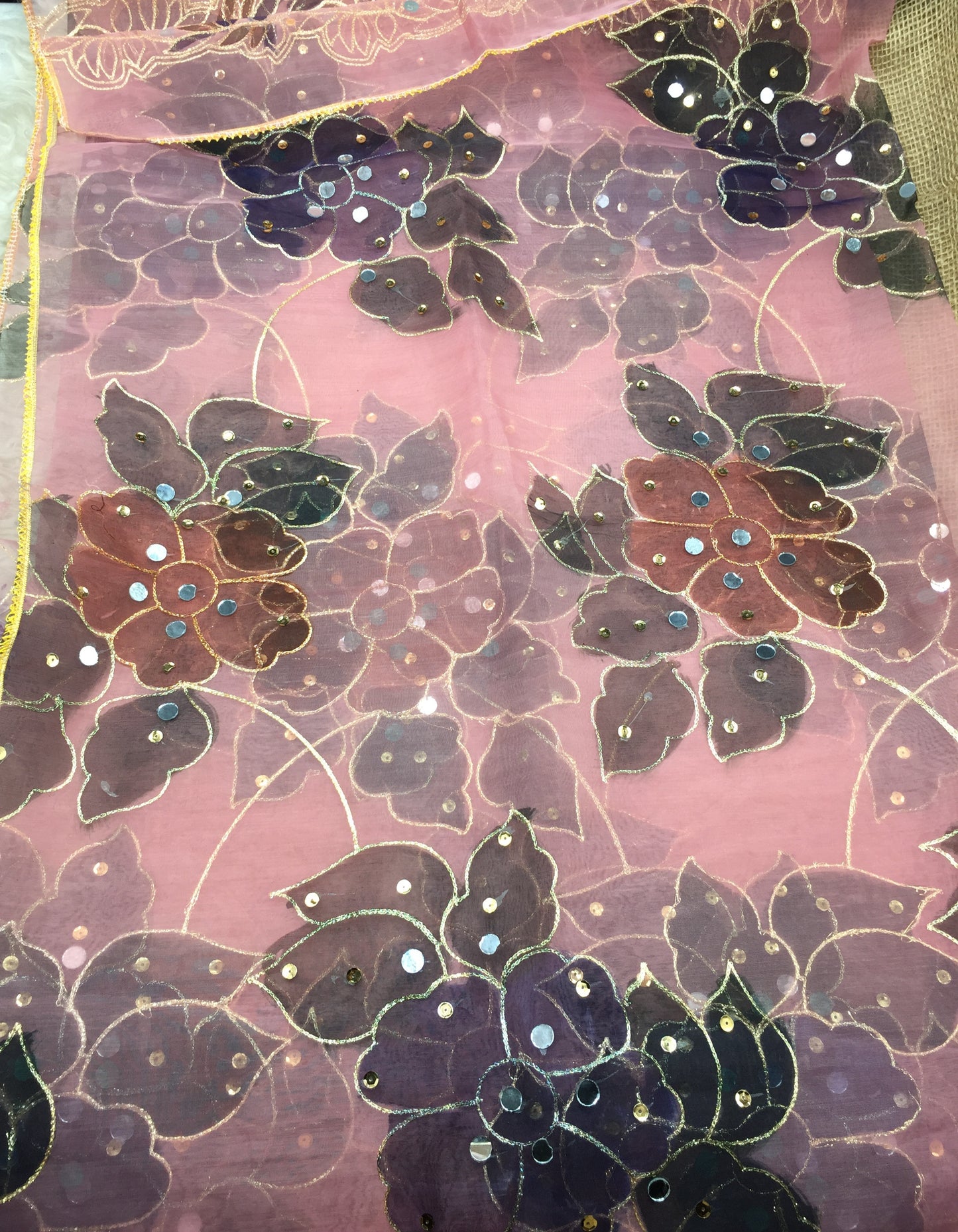 Hand Painted Organza Dupatta with Golden Lace