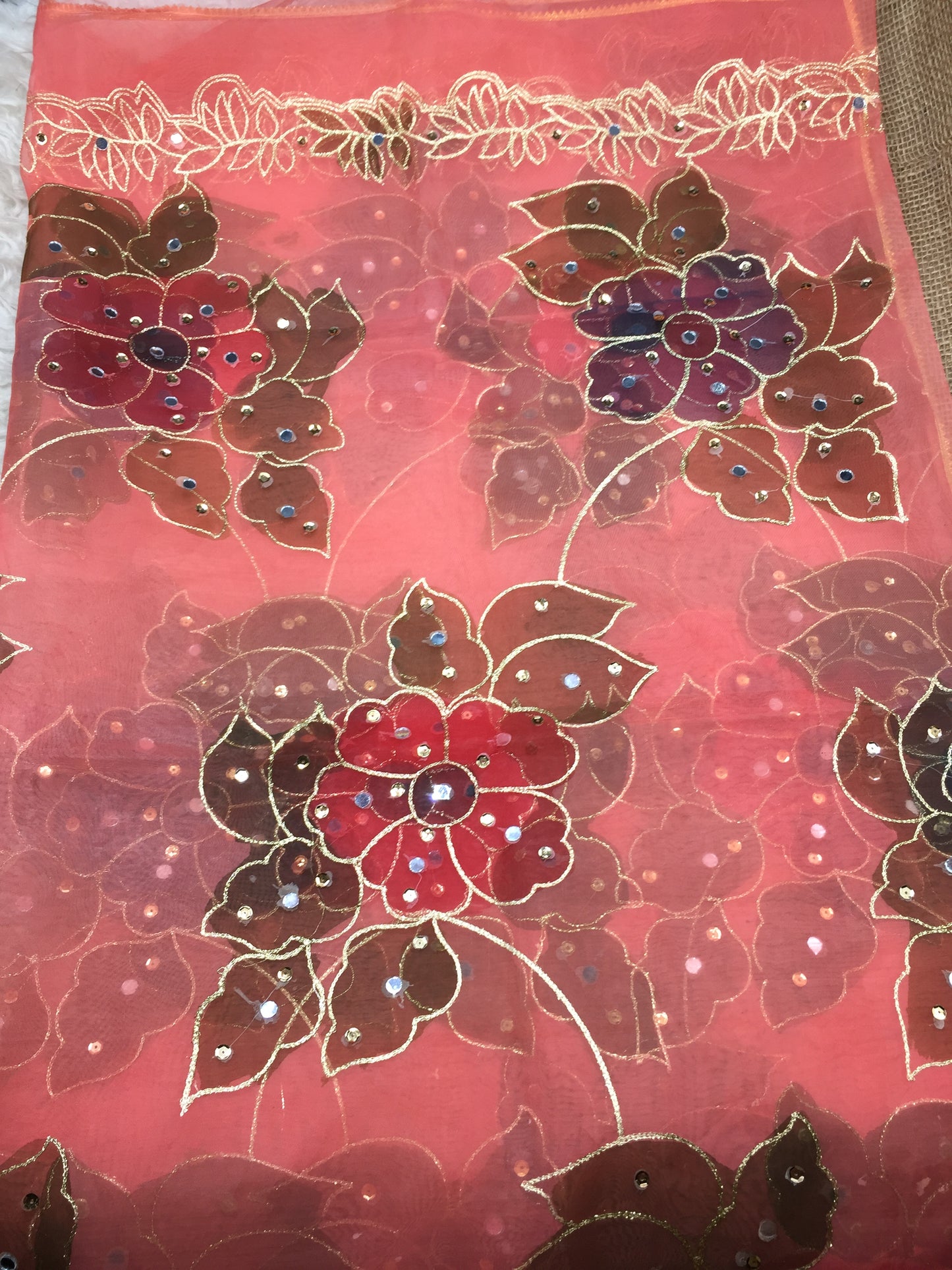 Hand Painted Organza Dupatta with Golden Lace