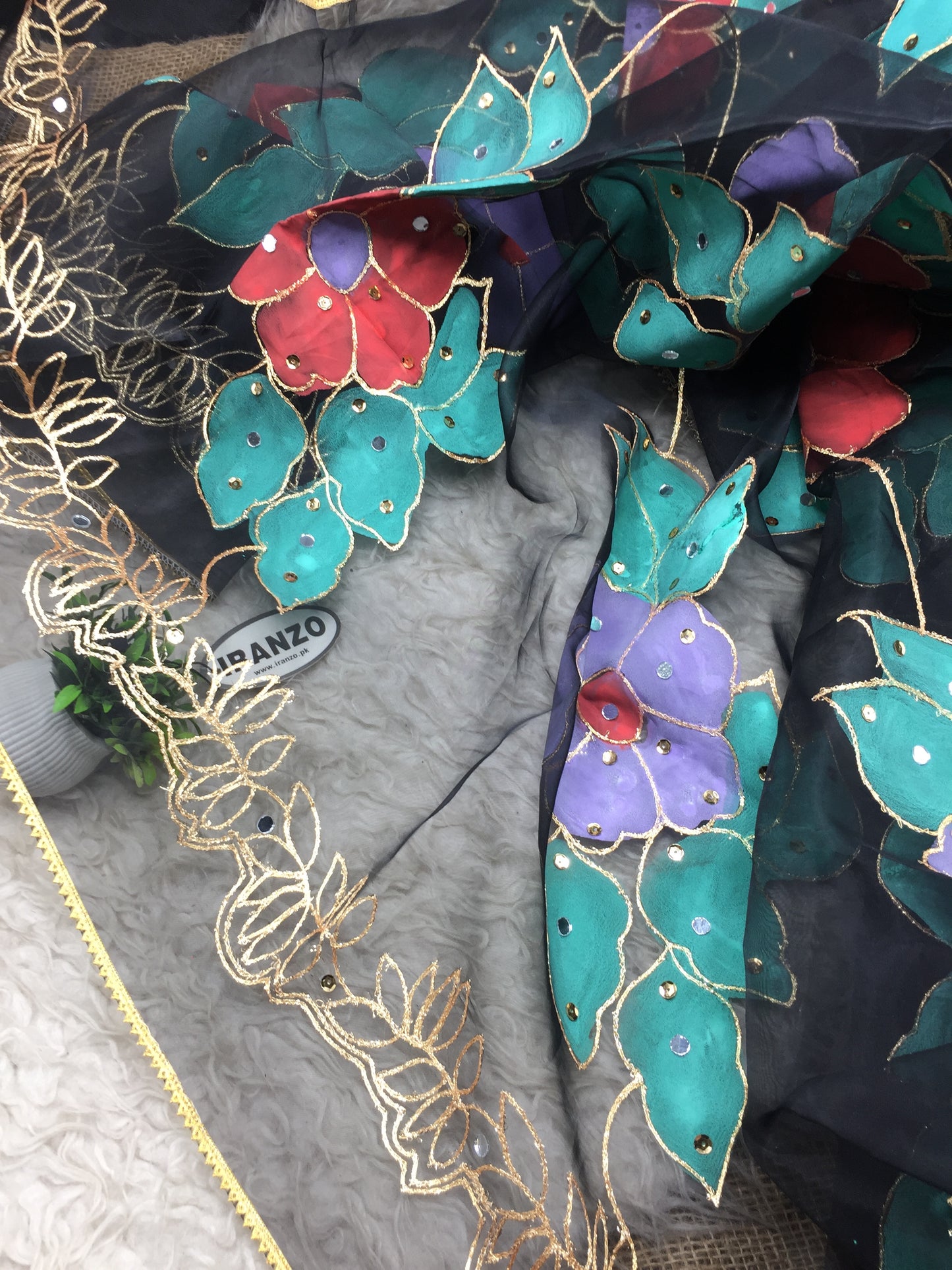Hand Painted Organza Dupatta with Golden Lace