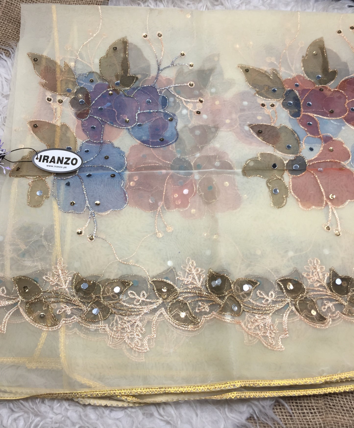 Hand Painted Organza Dupatta with Golden Lace