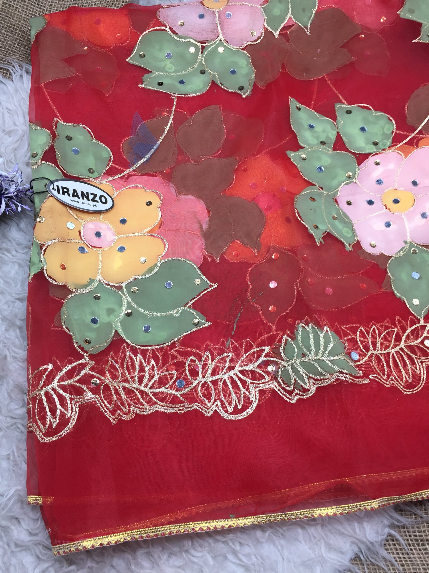 Hand Painted Organza Dupatta with Golden Lace