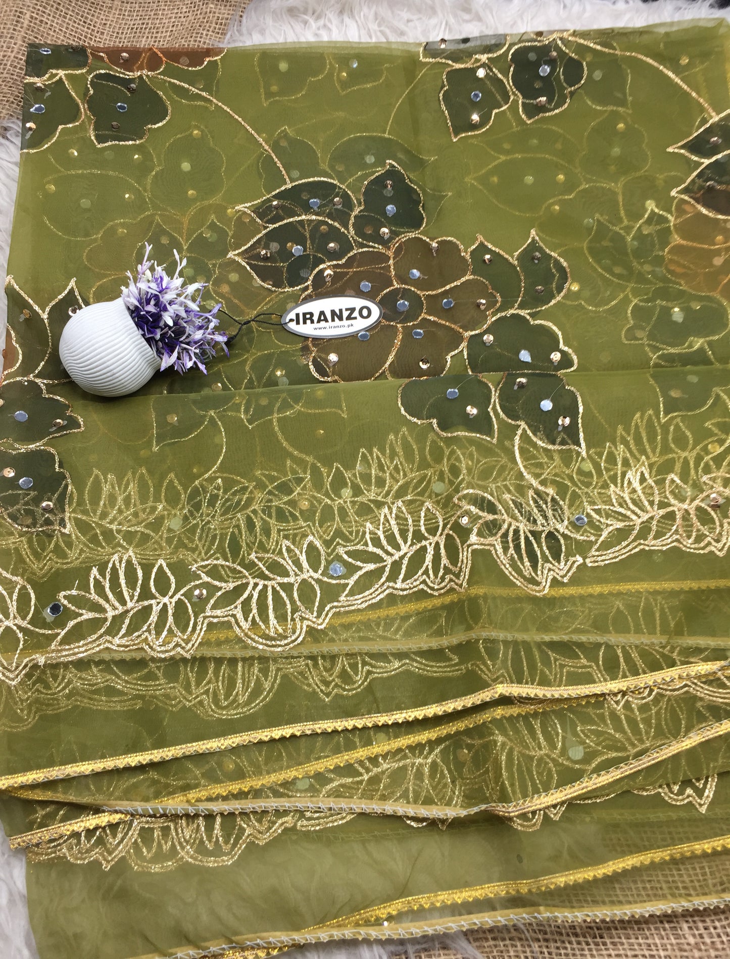 Hand Painted Organza Dupatta with Golden Lace