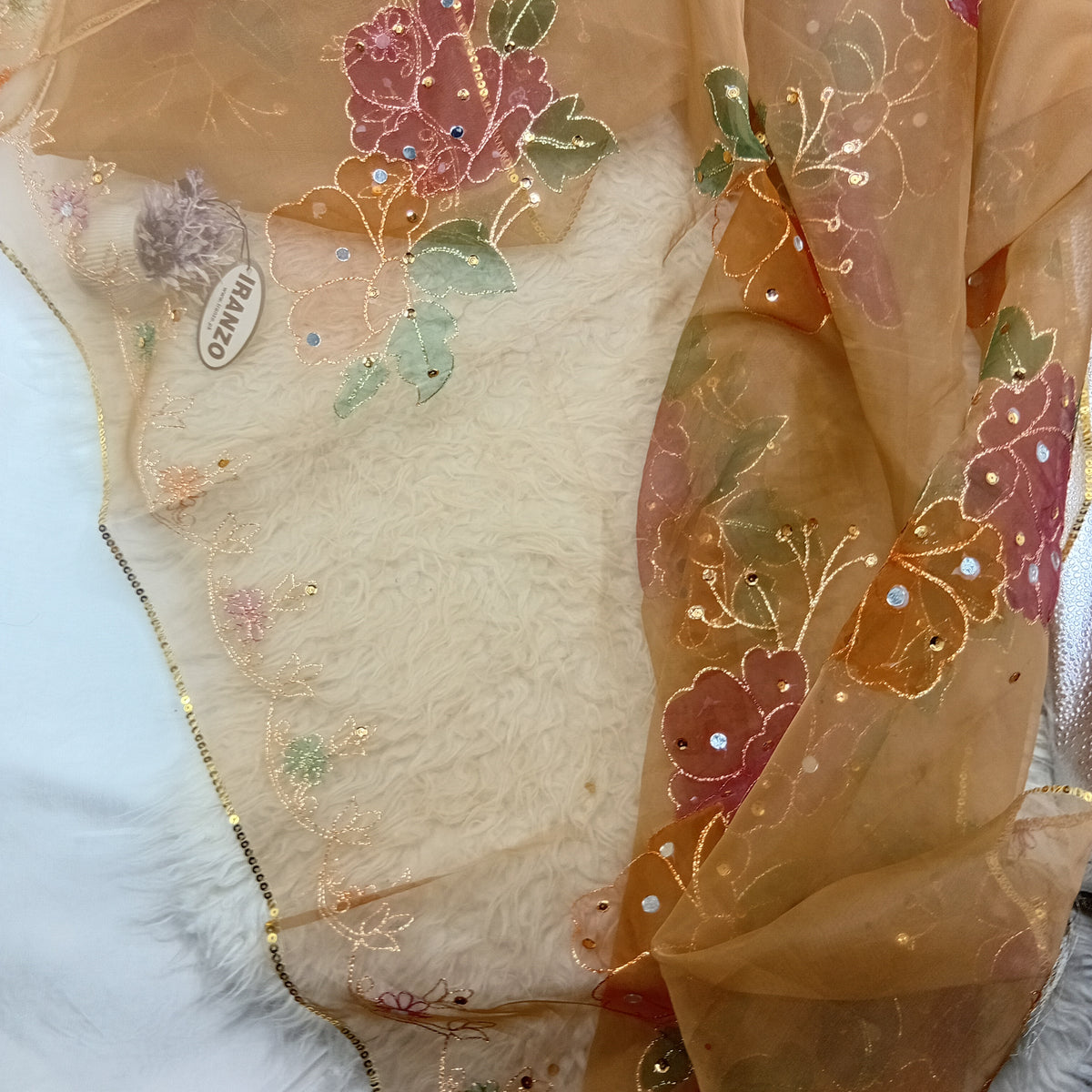 Hand Painted Organza Dupatta with Golden Lace