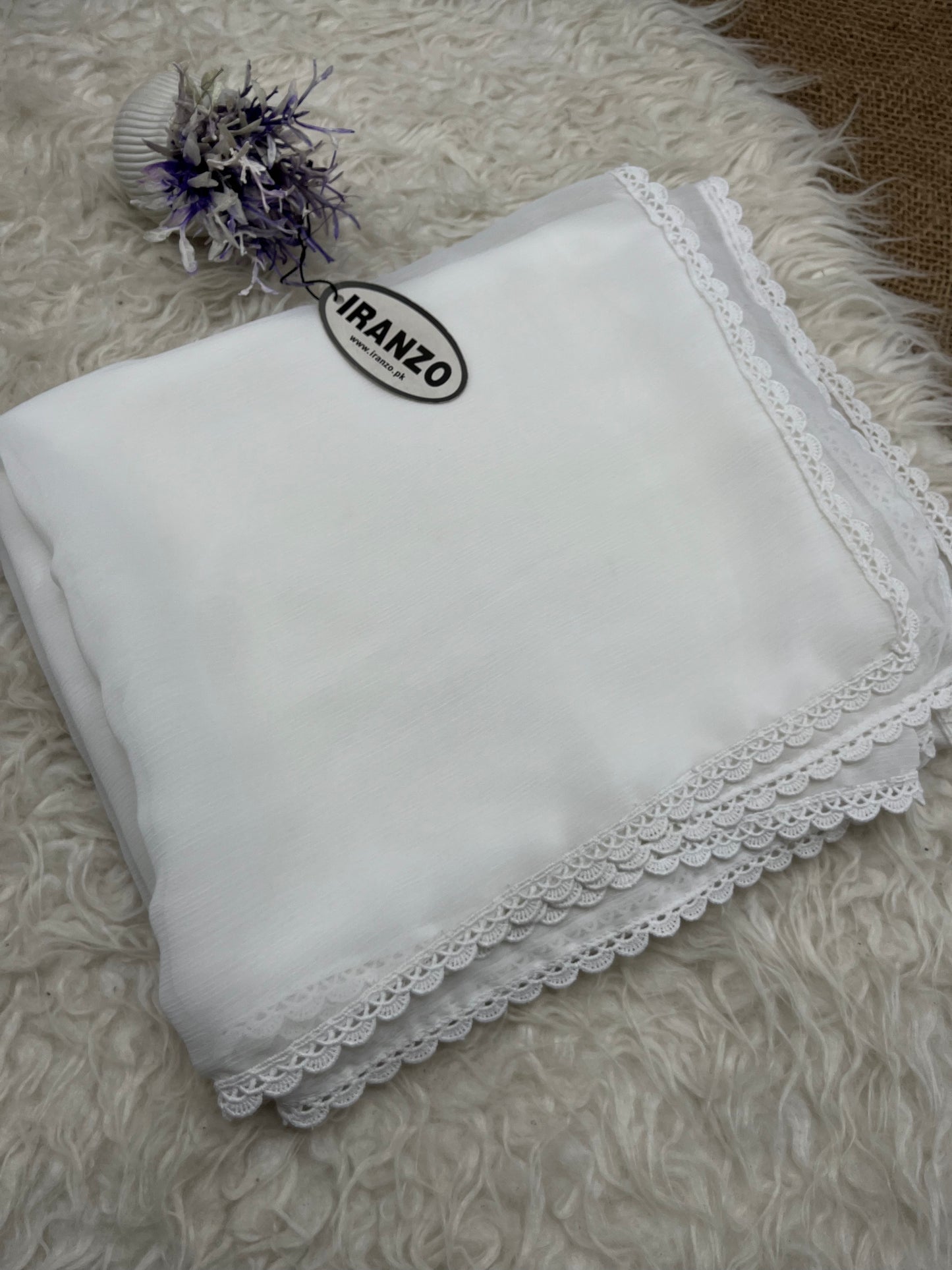White Chiffon Dupatta - Four Side Lace Just In