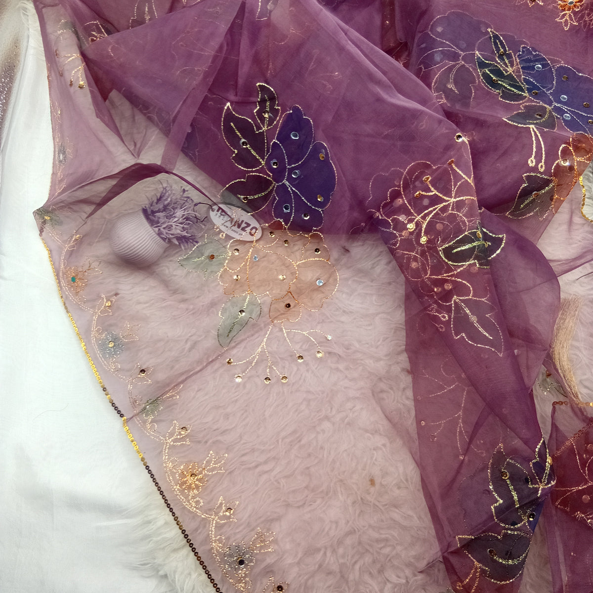 Hand Painted Organza Dupatta with Golden Lace