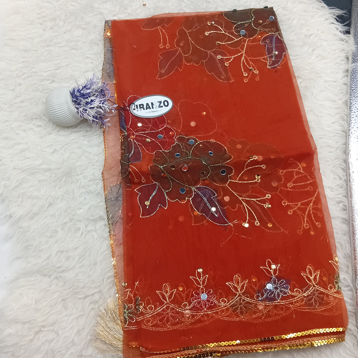 Hand Painted Organza Dupatta with Golden Lace