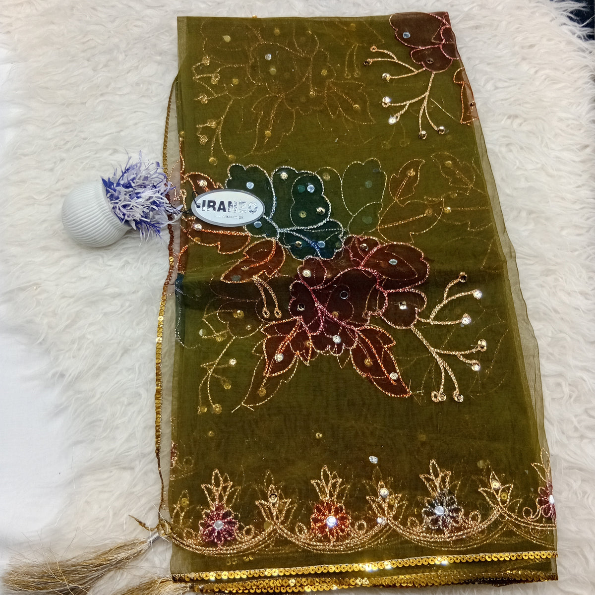 Hand Painted Organza Dupatta with Golden Lace