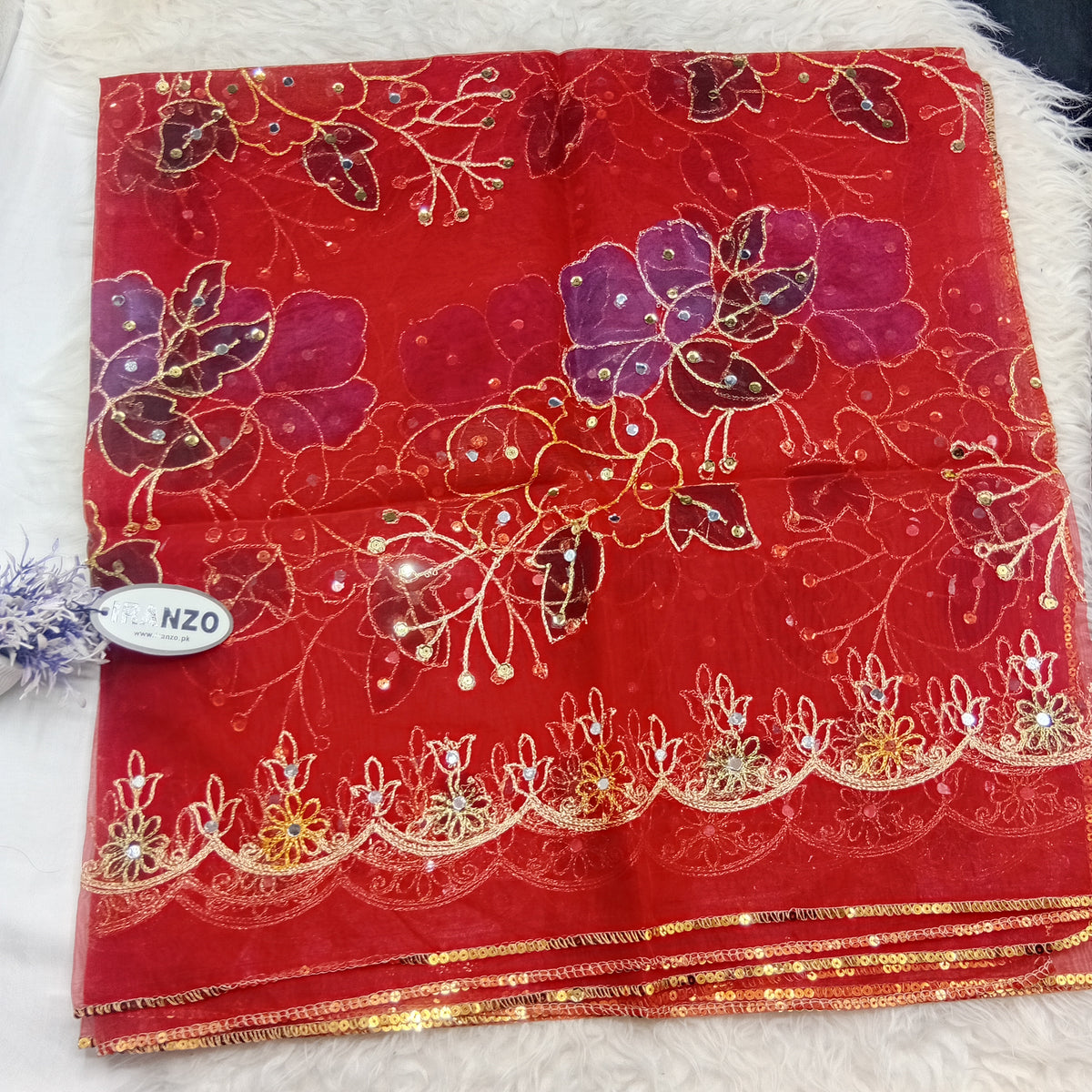 Hand Painted Organza Dupatta with Golden Lace