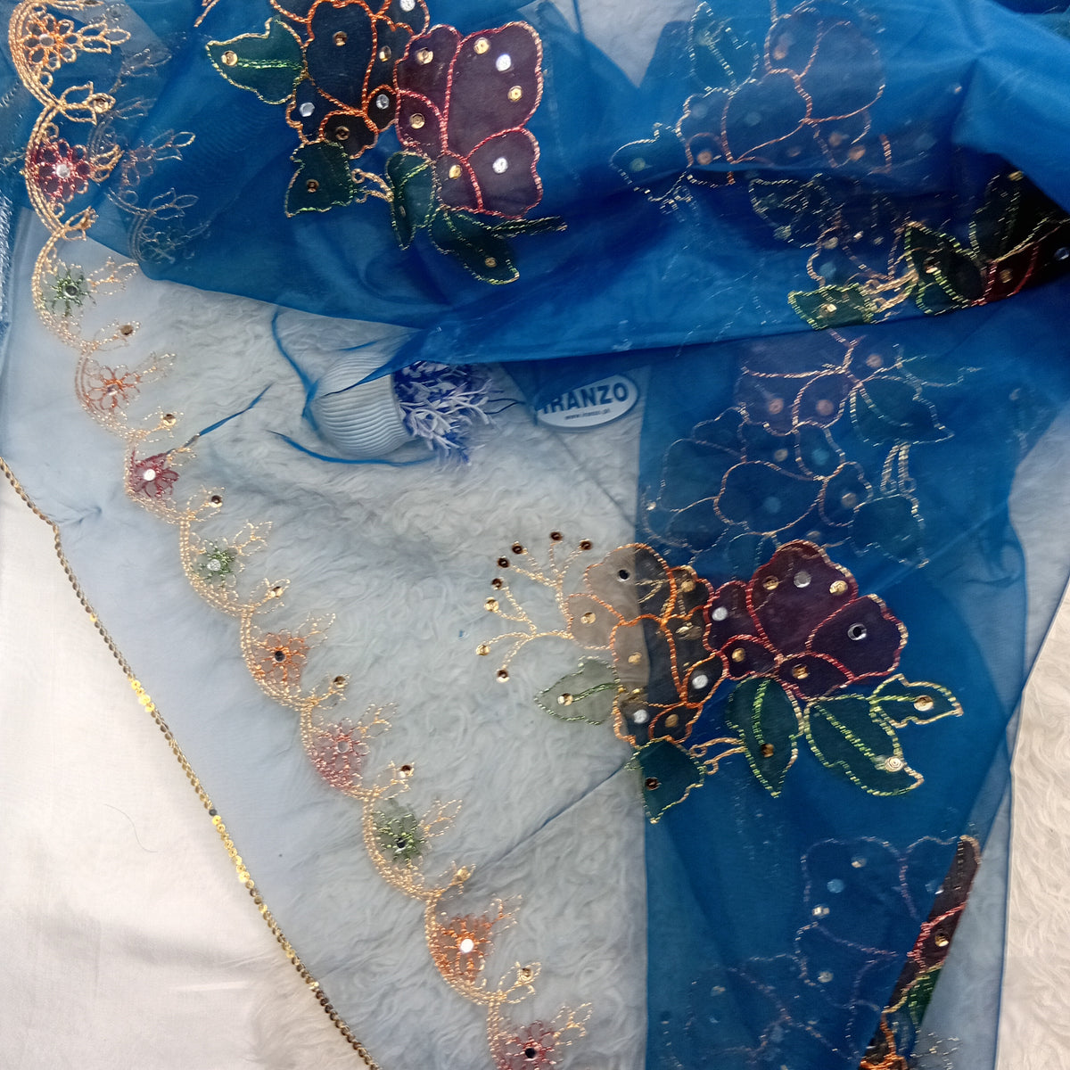 Hand Painted Organza Dupatta with Golden Lace