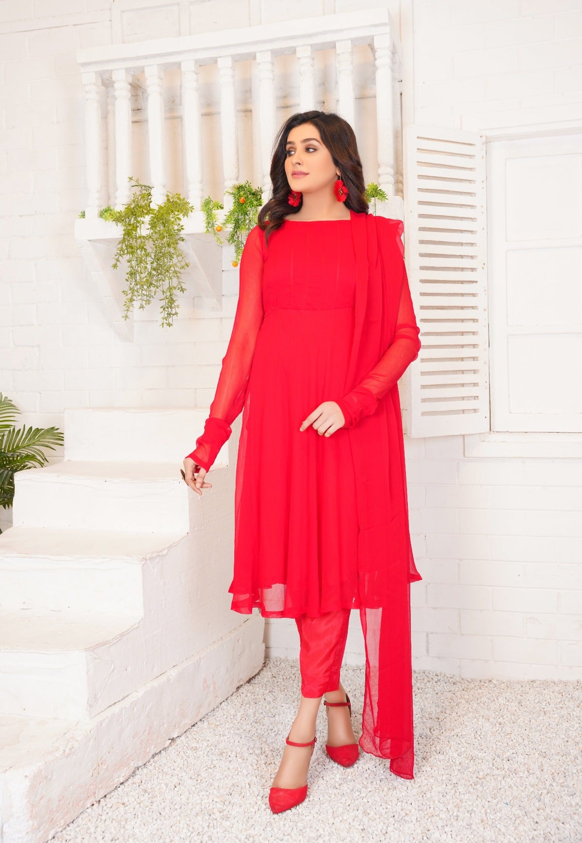plain red chiffon dress pakistani Plain Chiffon Frock