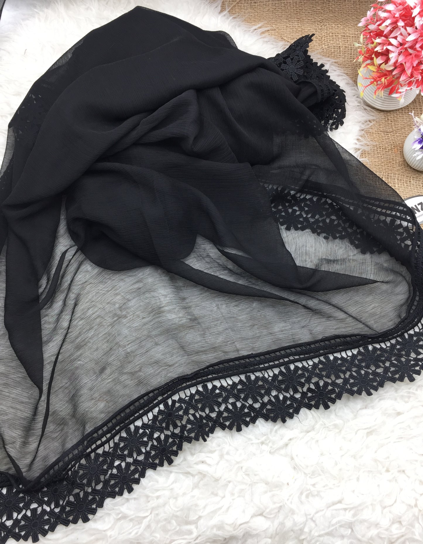 Black Chiffon Dupatta - Four Side Lace