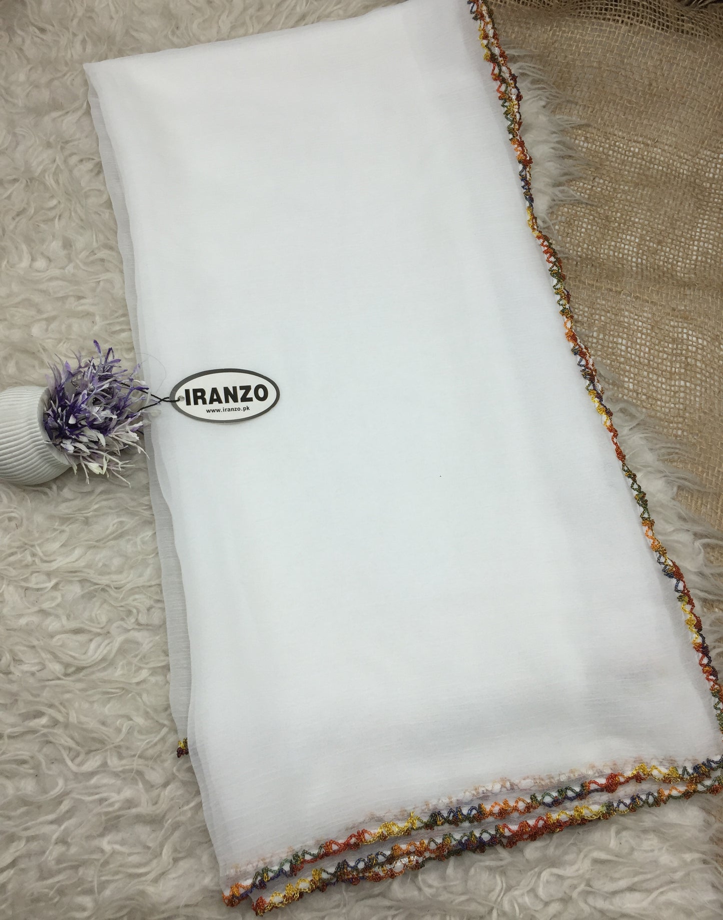 Four sided zigzag crochet white chiffon dupatta