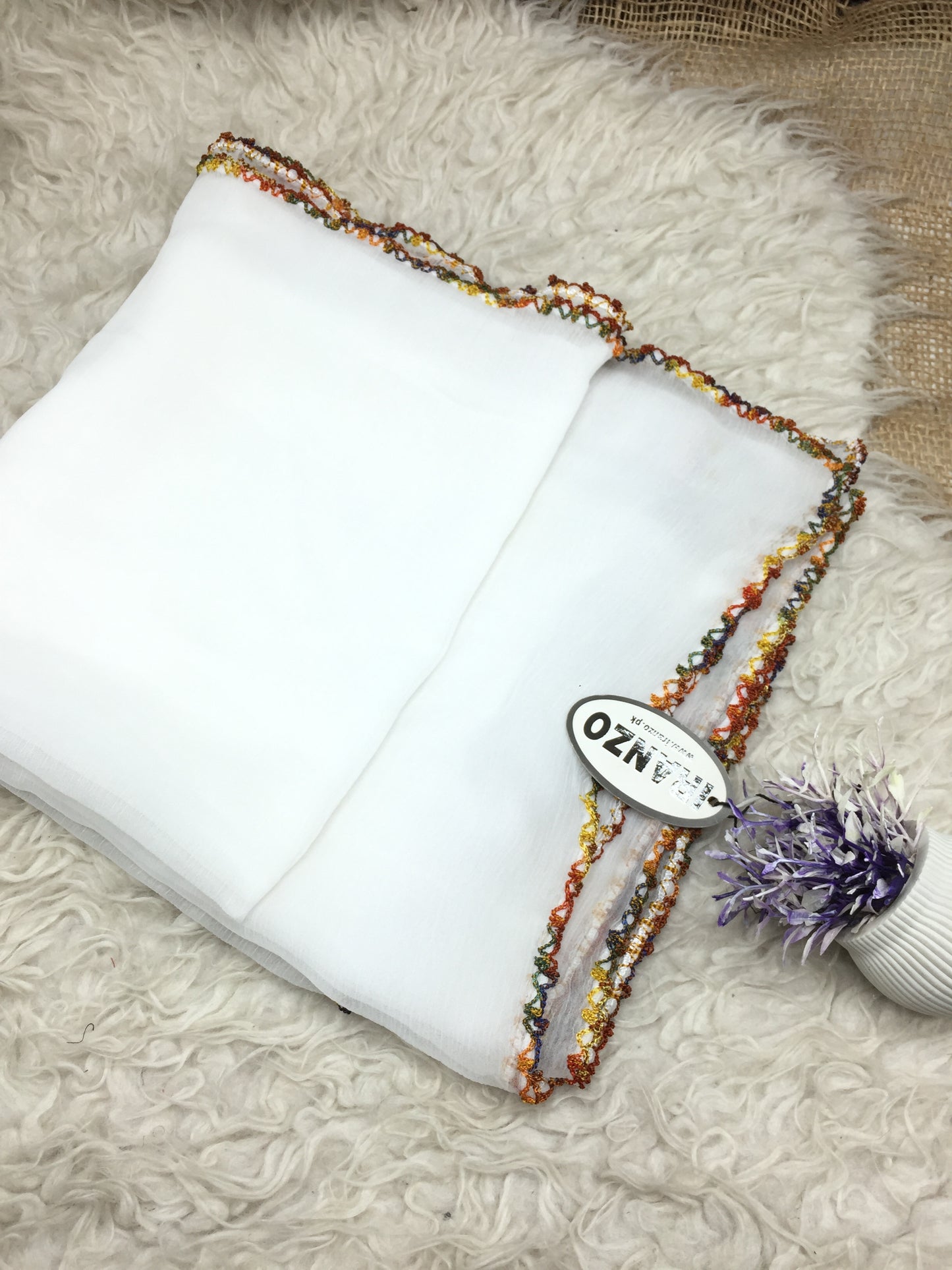 Four sided zigzag crochet white chiffon dupatta