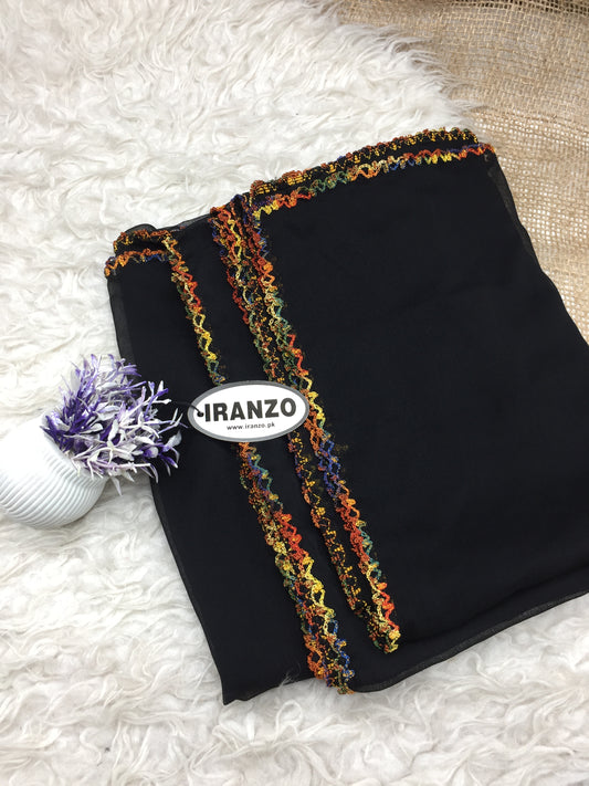 Four sided zigzag crochet black chiffon dupatta