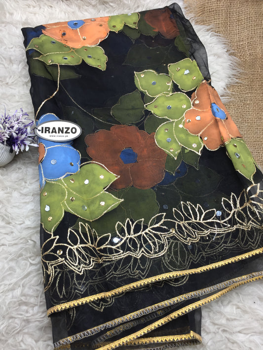 Hand Painted Organza Dupatta with Golden Lace