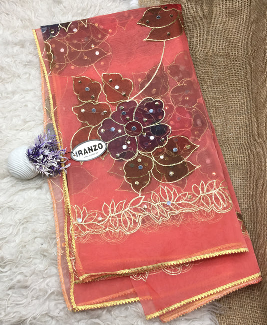 Hand Painted Organza Dupatta with Golden Lace