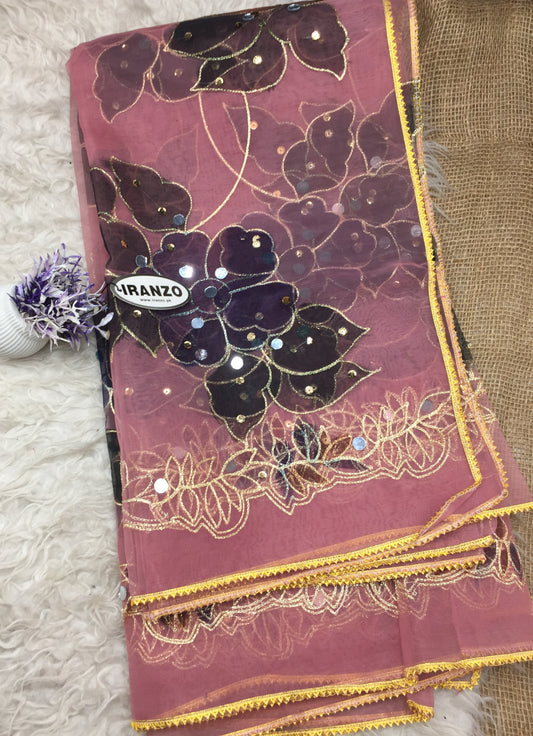Hand Painted Organza Dupatta with Golden Lace
