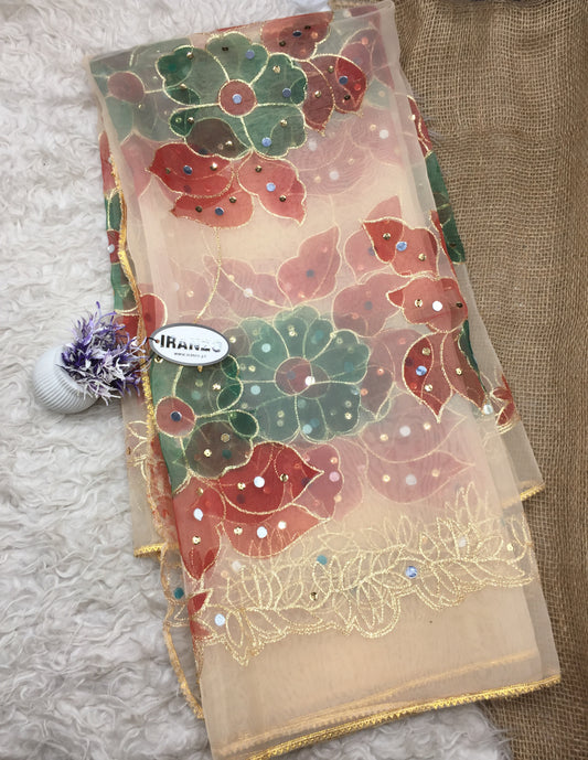 Hand Painted Organza Dupatta with Golden Lace