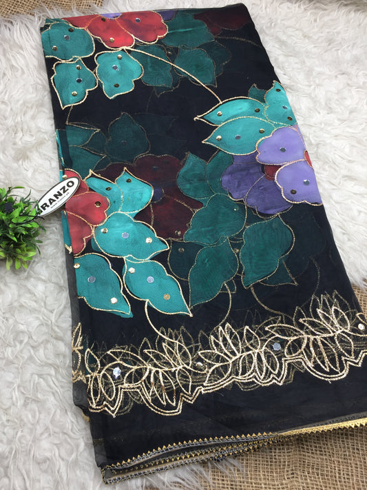 Hand Painted Organza Dupatta with Golden Lace