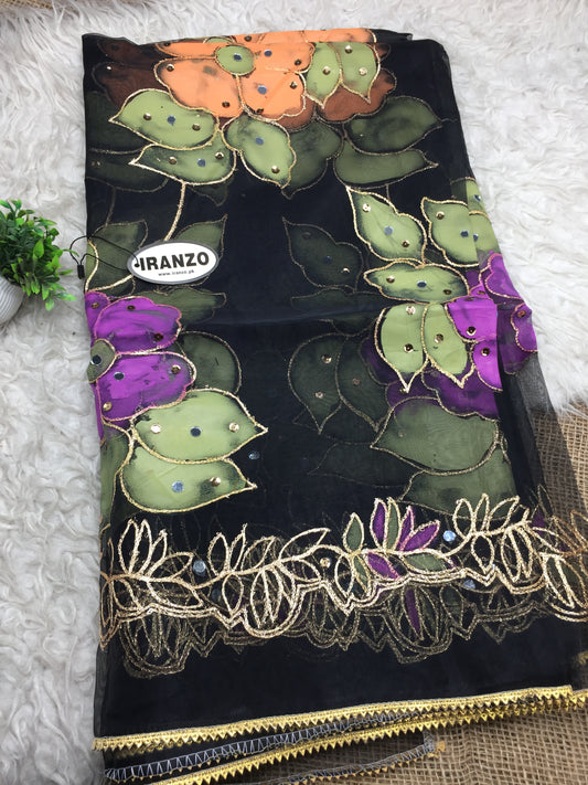 Hand Painted Organza Dupatta with Golden Lace