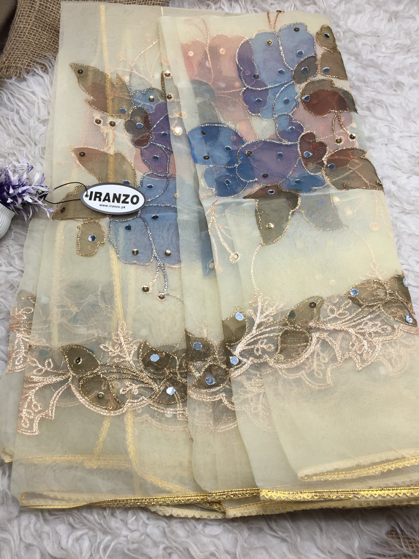 Hand Painted Organza Dupatta with Golden Lace