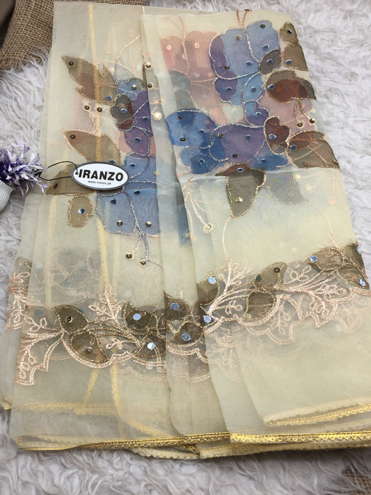 Hand Painted Organza Dupatta with Golden Lace