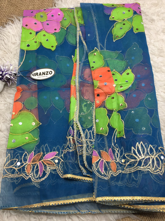 Hand Painted Organza Dupatta with Golden Lace