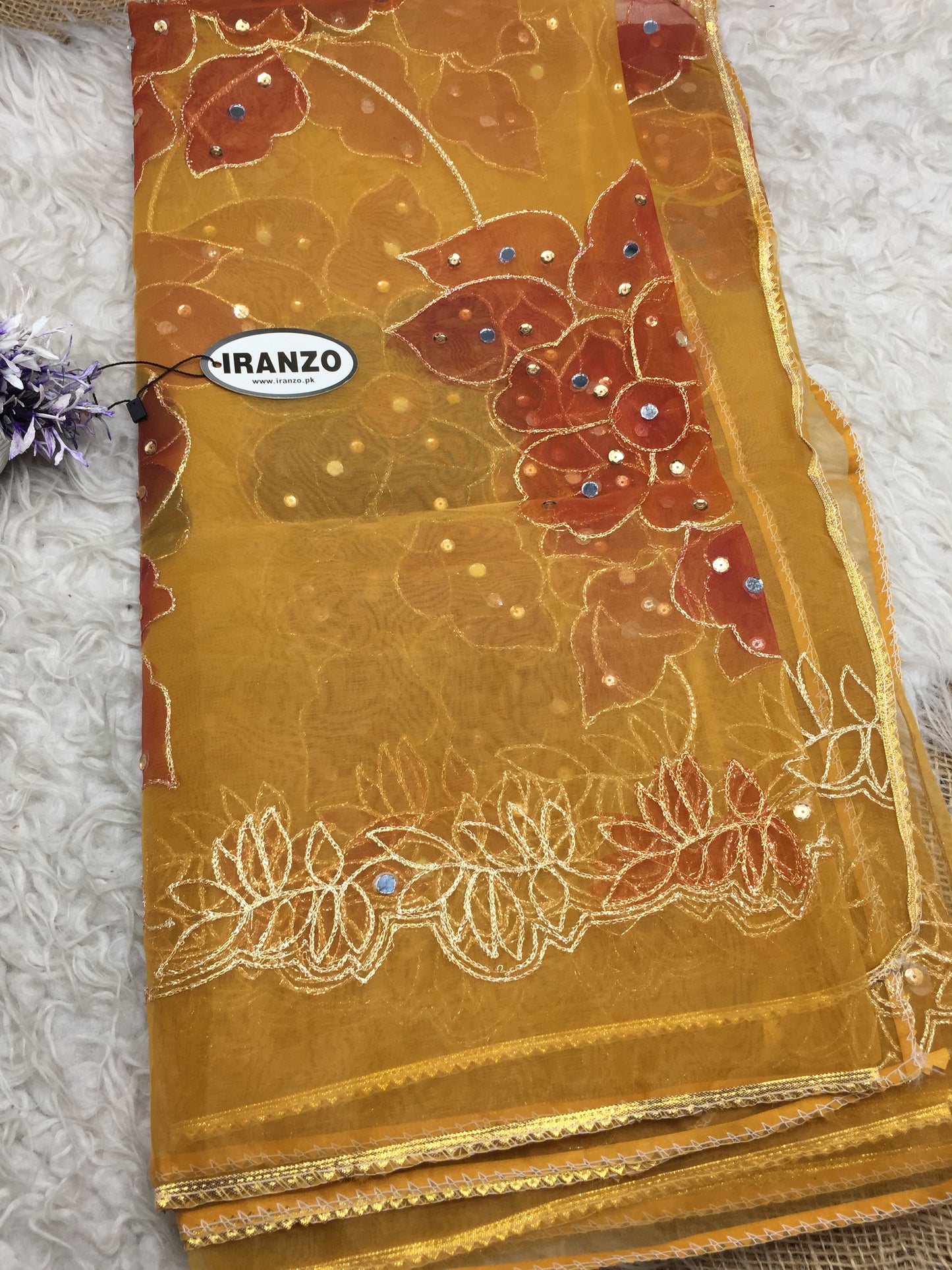 Hand Painted Organza Dupatta with Golden Lace
