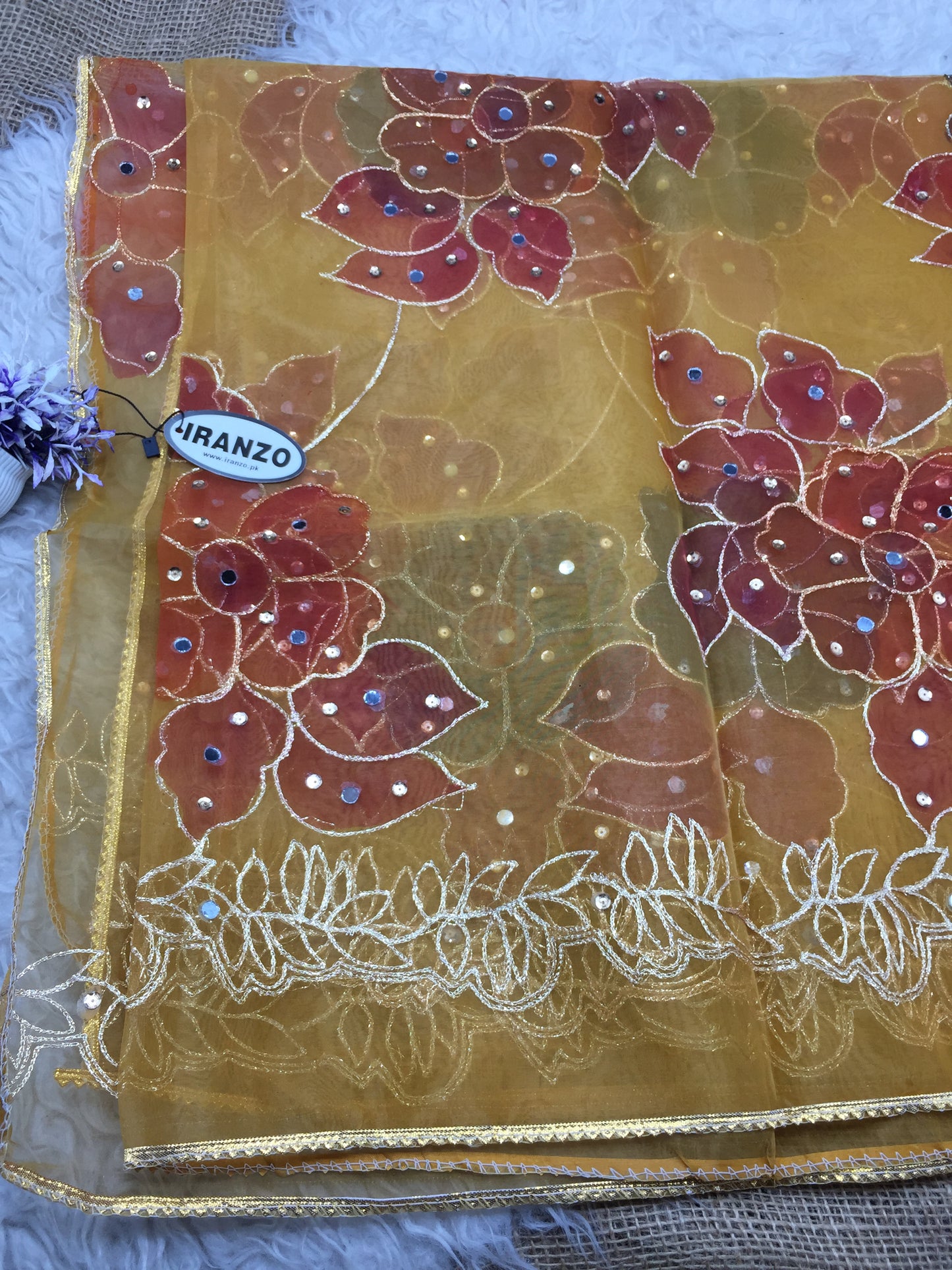 Hand Painted Organza Dupatta with Golden Lace