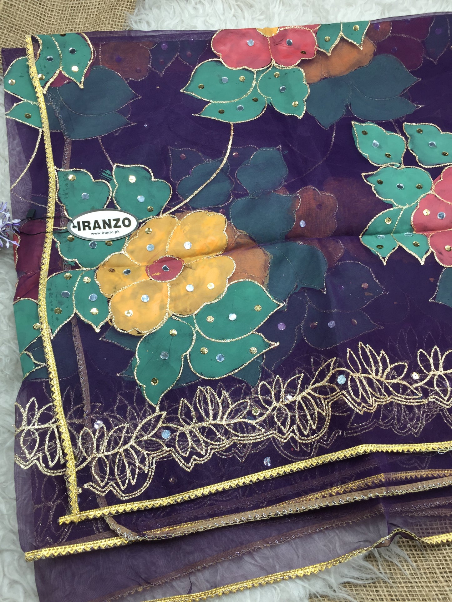 Hand Painted Organza Dupatta with Golden Lace