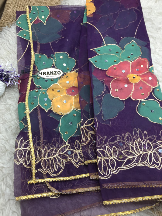 Hand Painted Organza Dupatta with Golden Lace