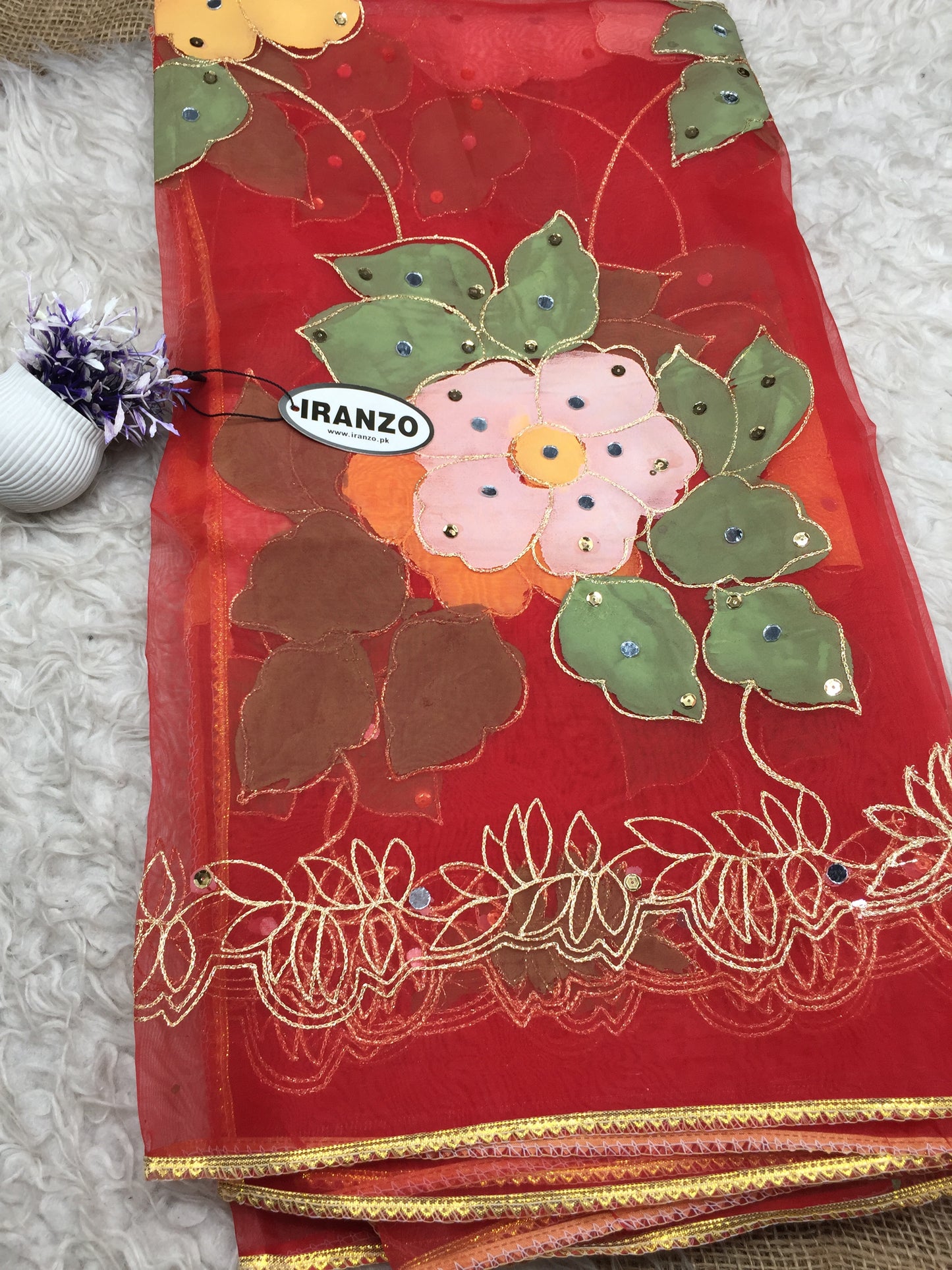 Hand Painted Organza Dupatta with Golden Lace