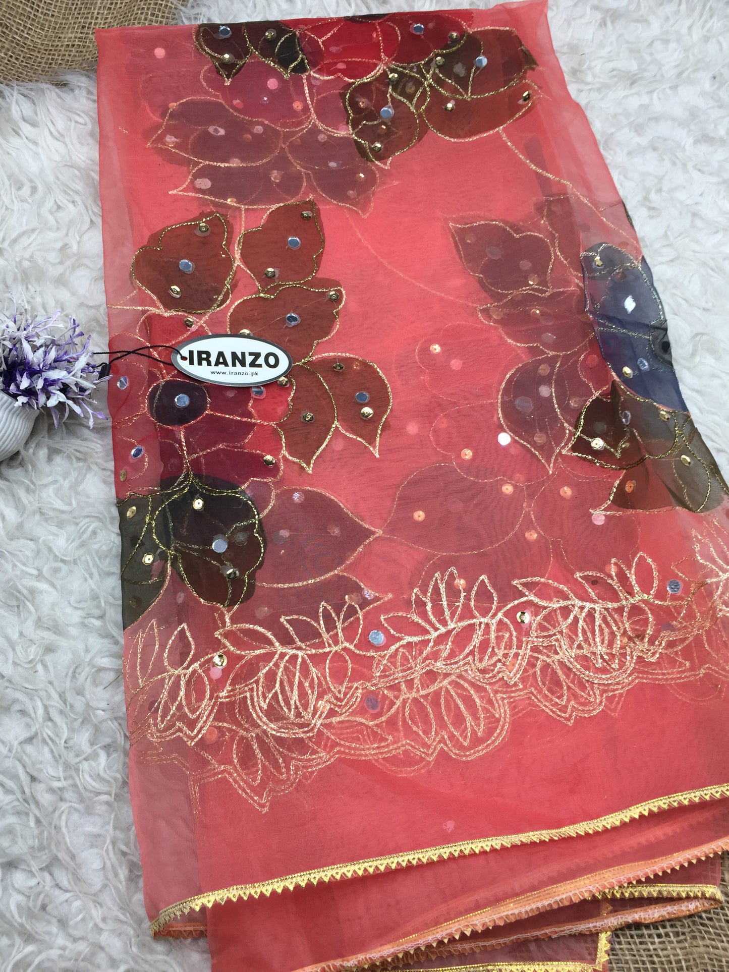 Hand Painted Organza Dupatta with Golden Lace