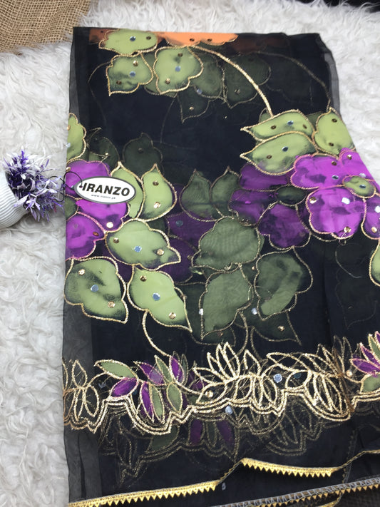 Hand Painted Organza Dupatta with Golden Lace