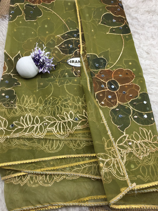 Hand Painted Organza Dupatta with Golden Lace