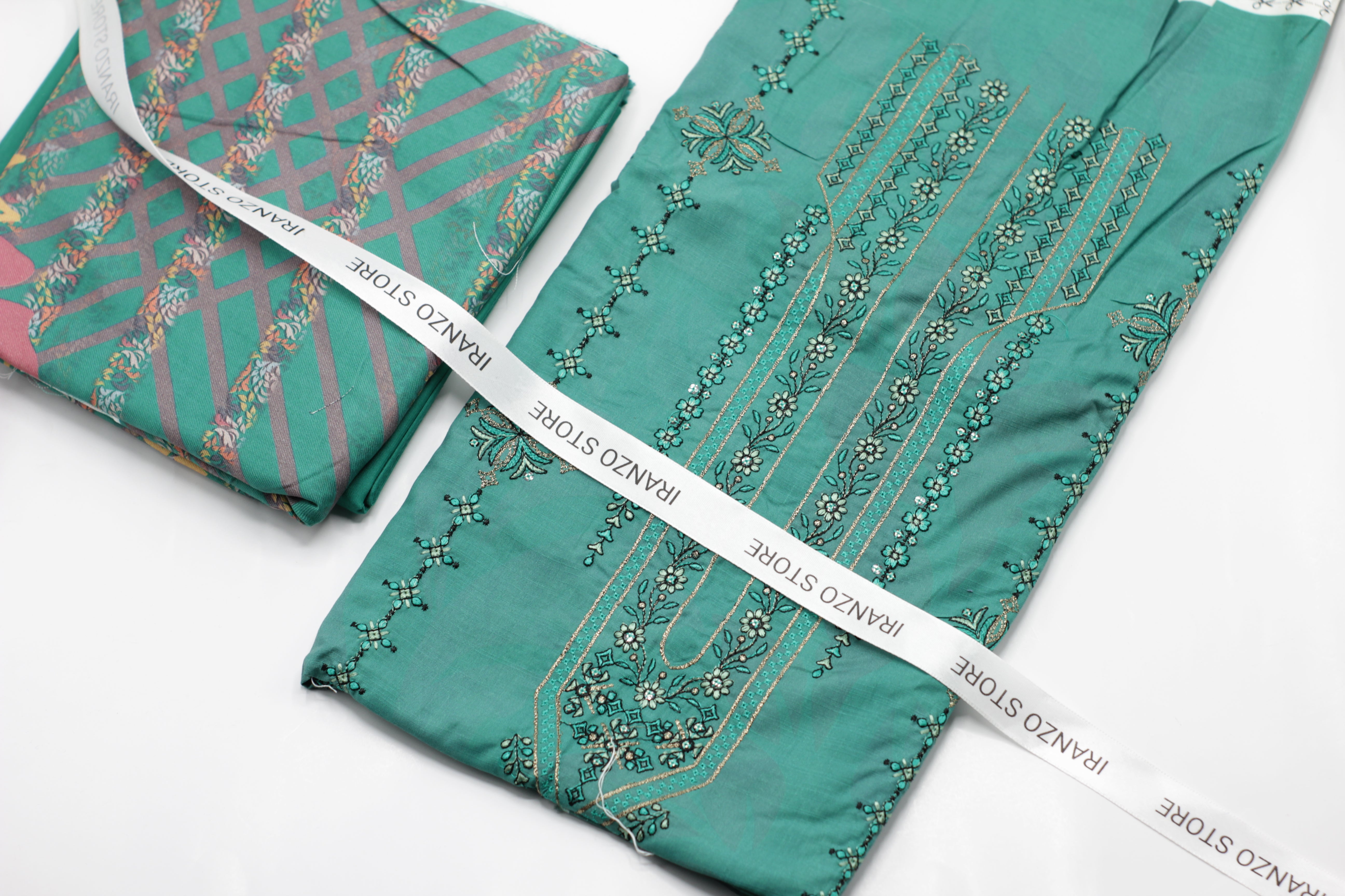 Embroidered linen three piece with twill shawl